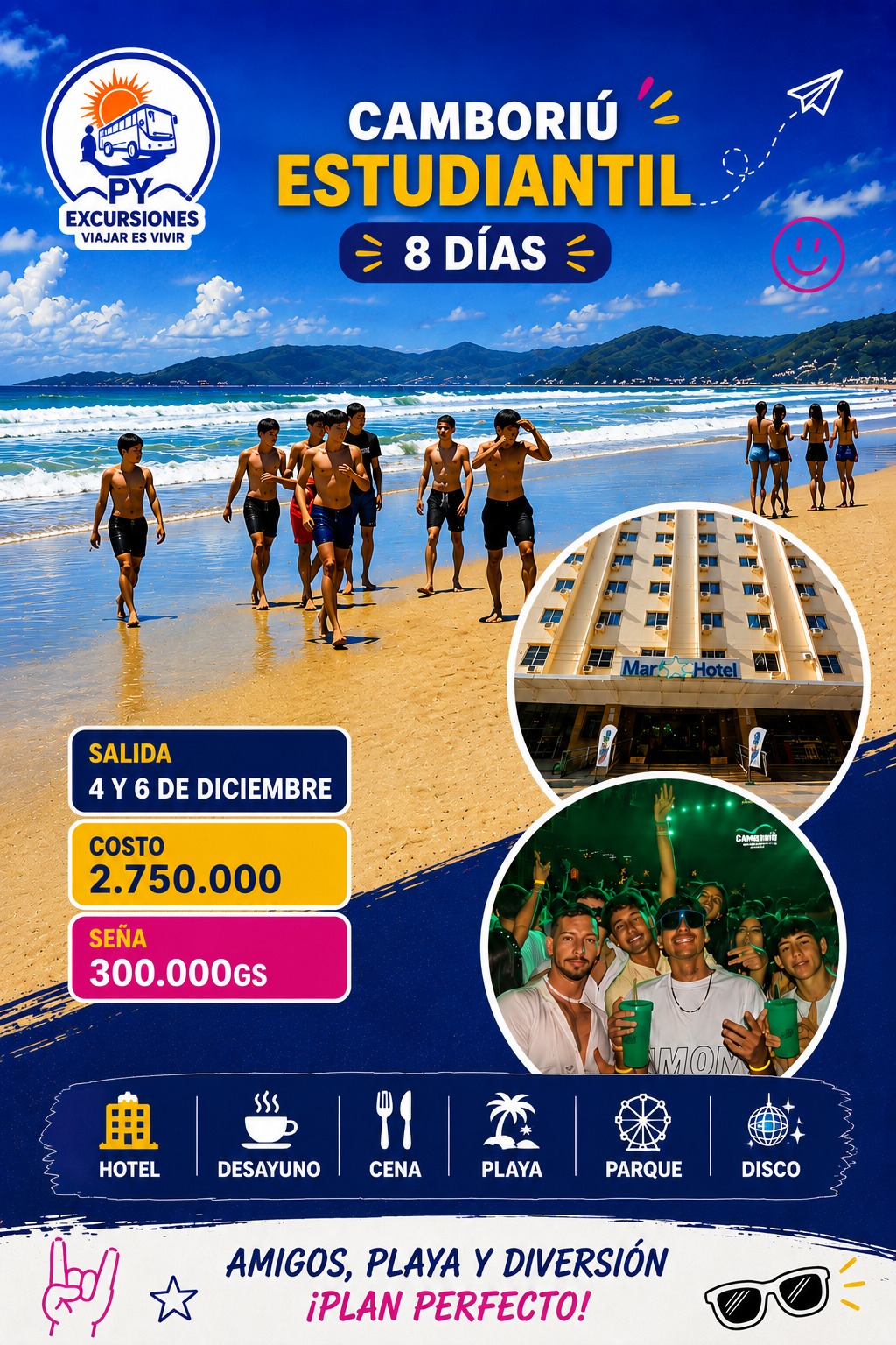 🌴🎉 Camboriú Estudiantil 2026 – ¡8 Días de Diversión Inolvidable! 🚌☀️