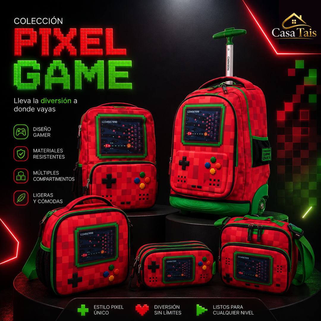 Colección Pixel Game Chenson – Mochila, Mochila con Carrito, Lonchera, Cartuchera y Bolso