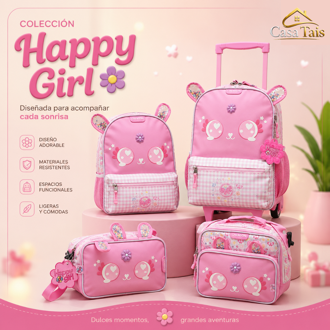 Colección Happy Girl Chenson – Mochila, Mochila con Carrito, Lonchera y Cartuchera
