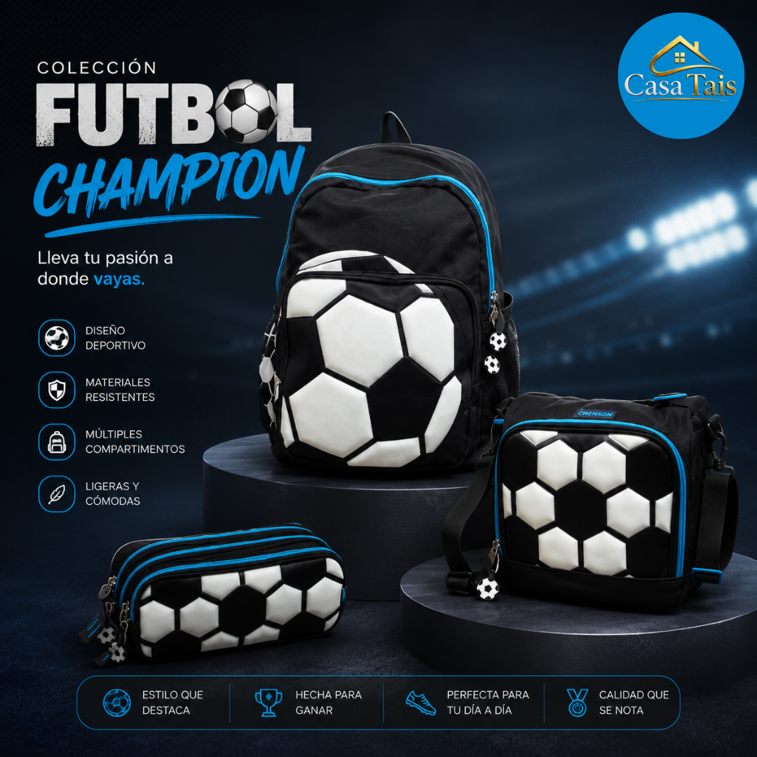 Colección Fútbol Champion Chenson – Mochila, Lonchera y Cartuchera para Pequeños Campeones