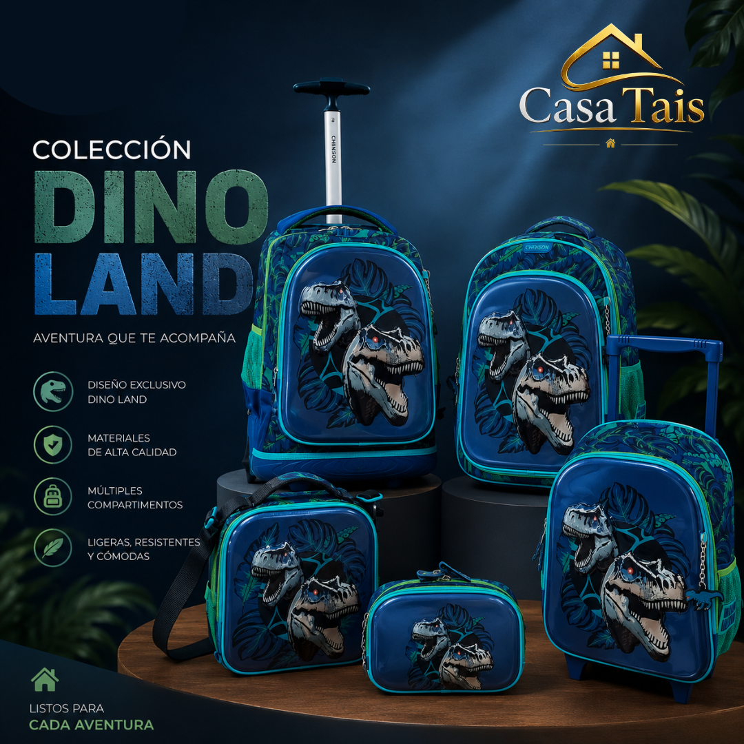 Colección Dino Land Chenson – Mochila, Mochila con Carrito, Lonchera y Cartuchera