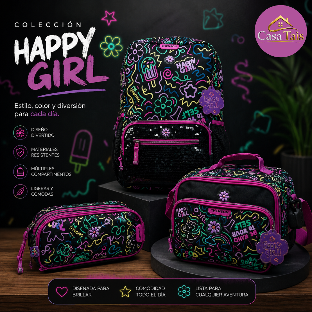 Colección Happy Girl Chenson – Mochila, Lonchera y Cartuchera para un Regreso a Clases Lleno de Color