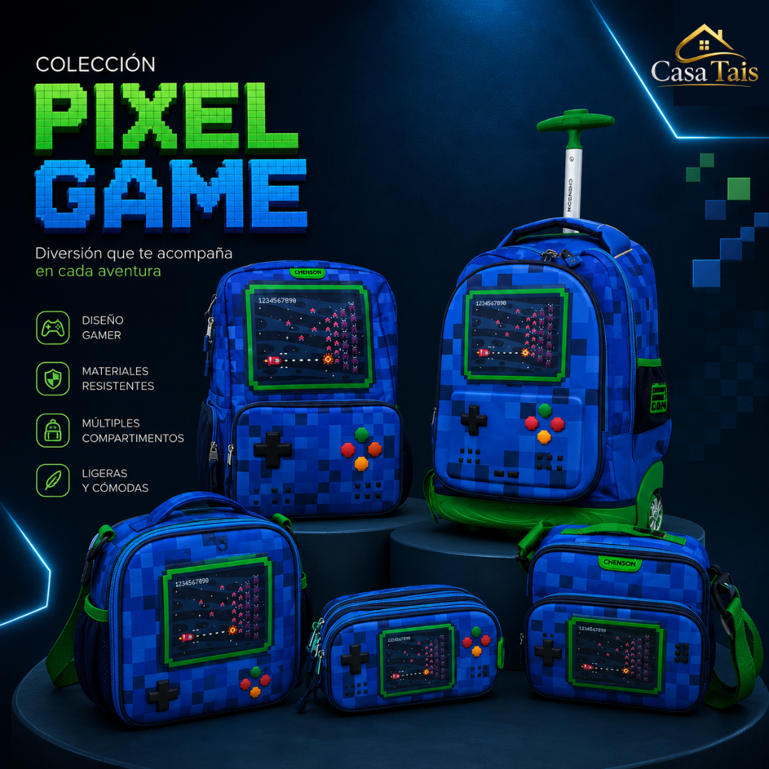 Colección Pixel Game Chenson Azul – Mochila, Mochila con Carrito, Lonchera, Cartuchera y Bolso