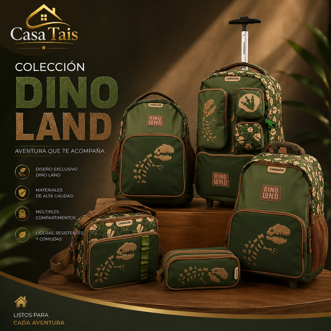 Colección Dino Land Chenson Verde – Mochila, Mochila con Carrito, Lonchera y Cartuchera