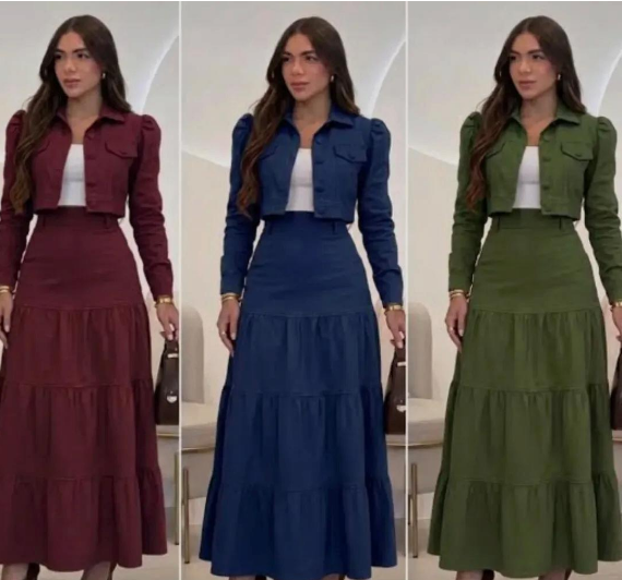 Conjunto Elegante de Falda Larga con Chaqueta para Dama – Disponible en Bordó, Azul y Verde