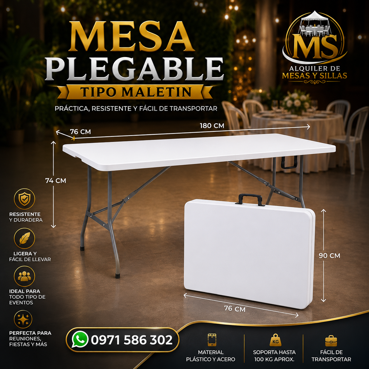 Mesa Plegable Tipo Maletín 180 × 76 cm