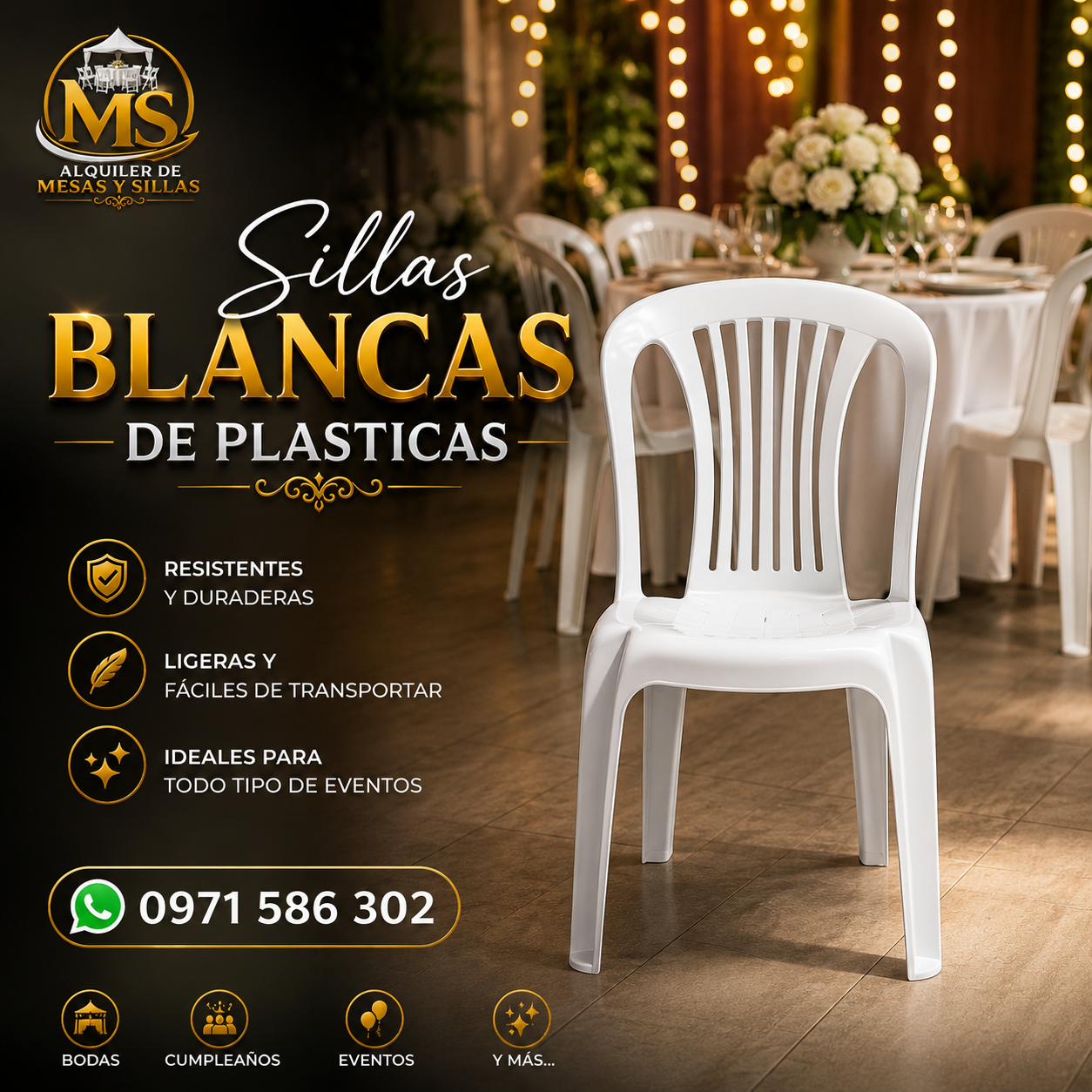 Alquiler de Sillas Blancas Plásticas para Eventos